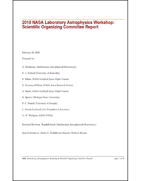 Cover image of 2018 NASA Laboratory Astrophysics Workshop Report